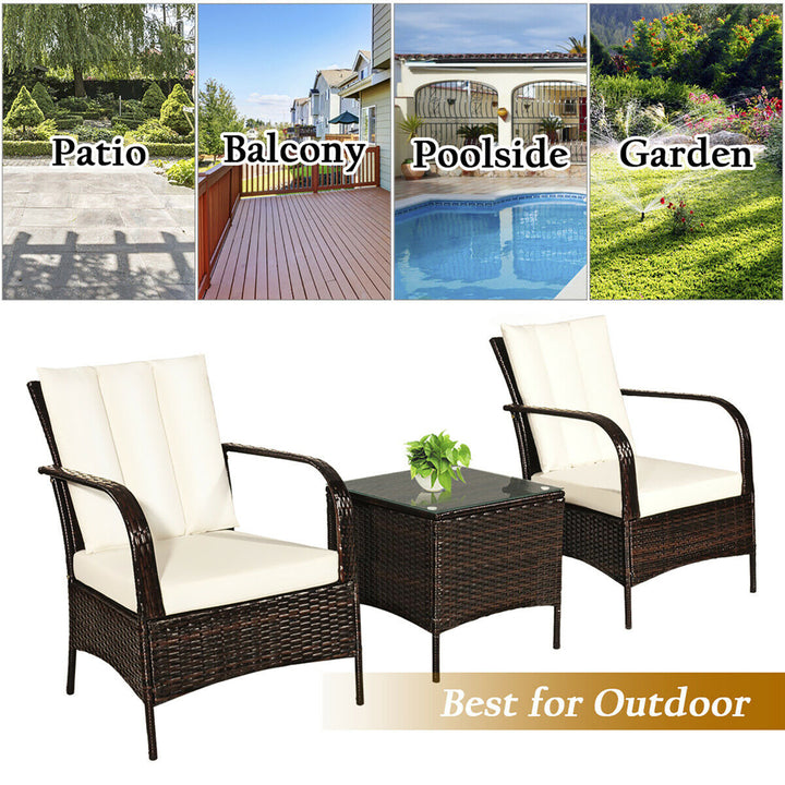 3 PCS Patio Rattan Furniture Set Coffee Table and 2 Rattan Chair W/White Cushions Image 6