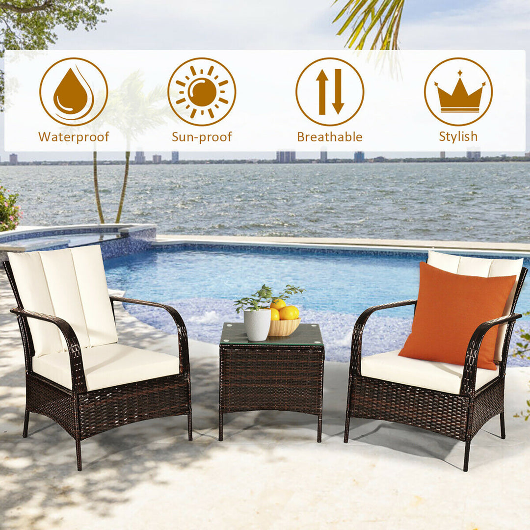 3 PCS Patio Rattan Furniture Set Coffee Table and 2 Rattan Chair W/White Cushions Image 7