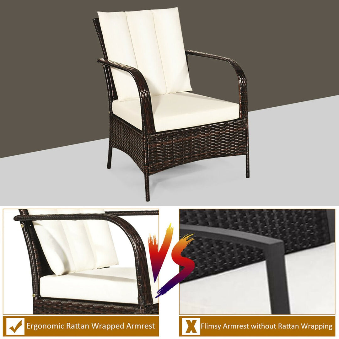 3 PCS Patio Rattan Furniture Set Coffee Table and 2 Rattan Chair W/White Cushions Image 8