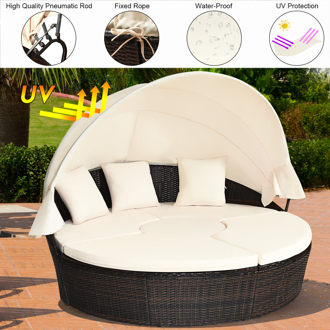 Patio Rattan Daybed Cushioned Sofa Adjustable Table Top Canopy 3 Pillows Image 5