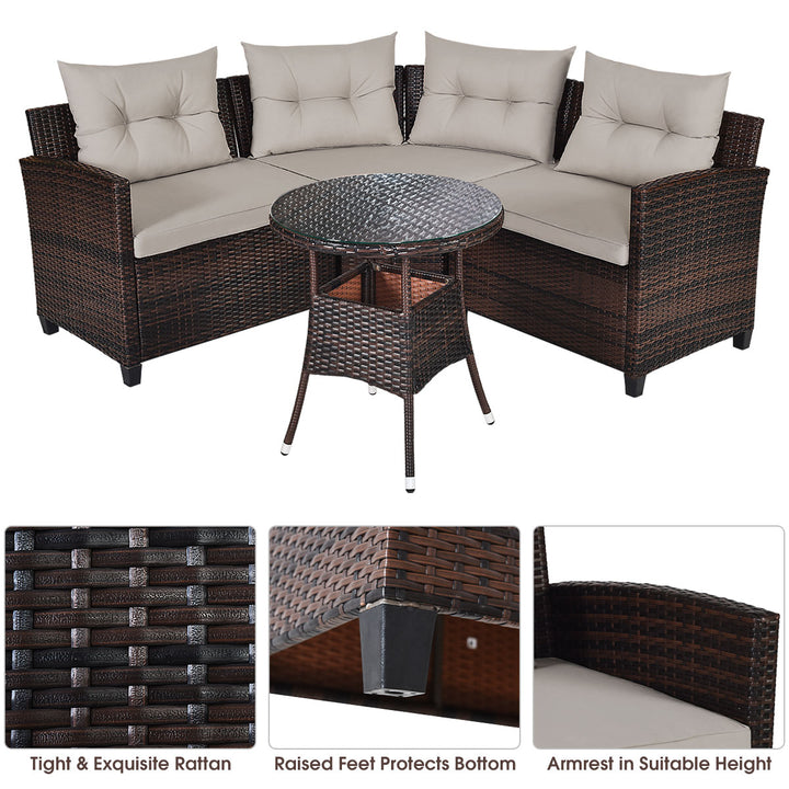 4PCS Outdoor Patio Rattan Furniture Set Cushioned Sofa Table Image 6