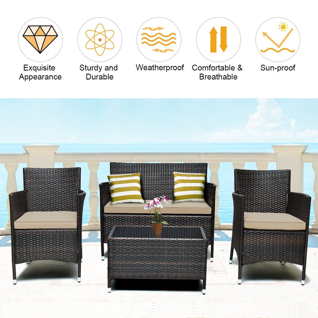 4PCS Rattan Patio Furniture Set Sofa Chair Coffee Table w/Cushion Outdoor Image 5