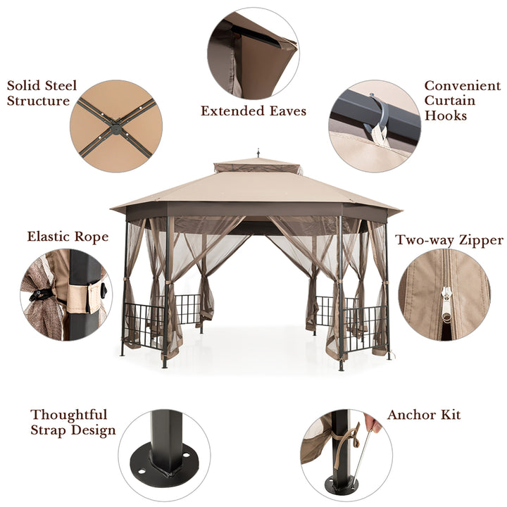 10 x 12 Octagonal Patio Gazebo Canopy Shelter Double Top W/Netting Sidewalls Image 7