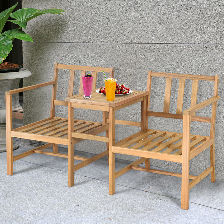 3 in 1 Patio Table Chairs Set Solid Wood Garden Furniture Image 5