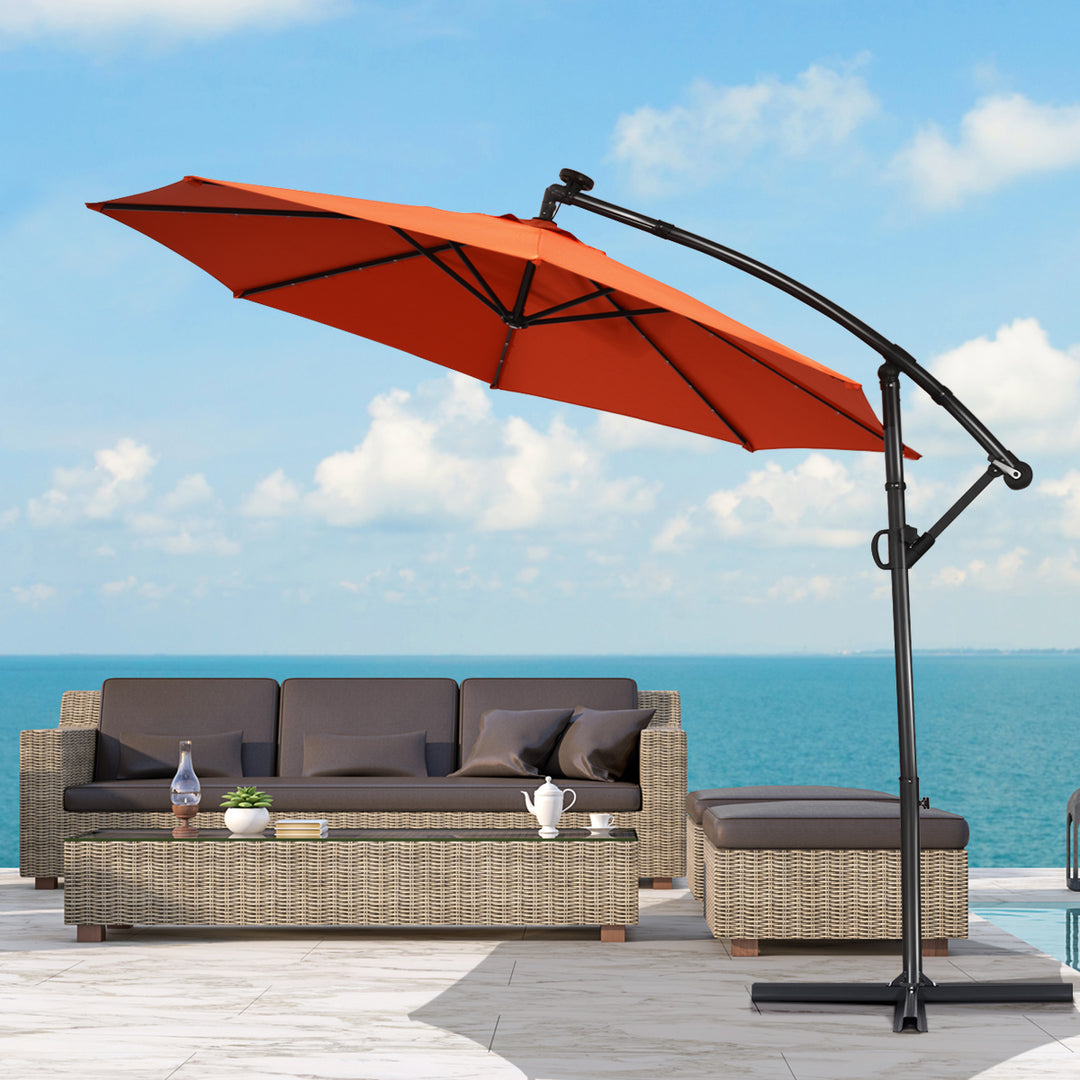 10FT Patio Offset Umbrella Solar LED 360degrees Rotation Orange Image 5