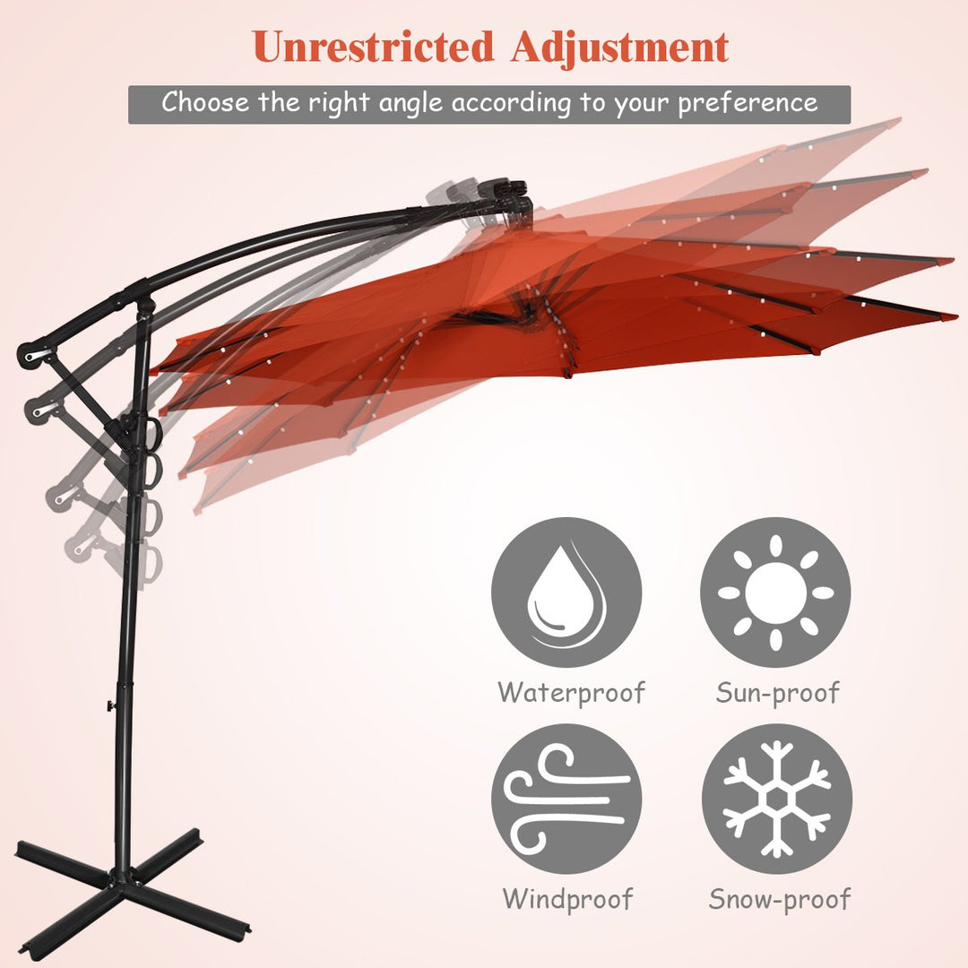 10FT Patio Offset Umbrella Solar LED 360degrees Rotation Orange Image 6