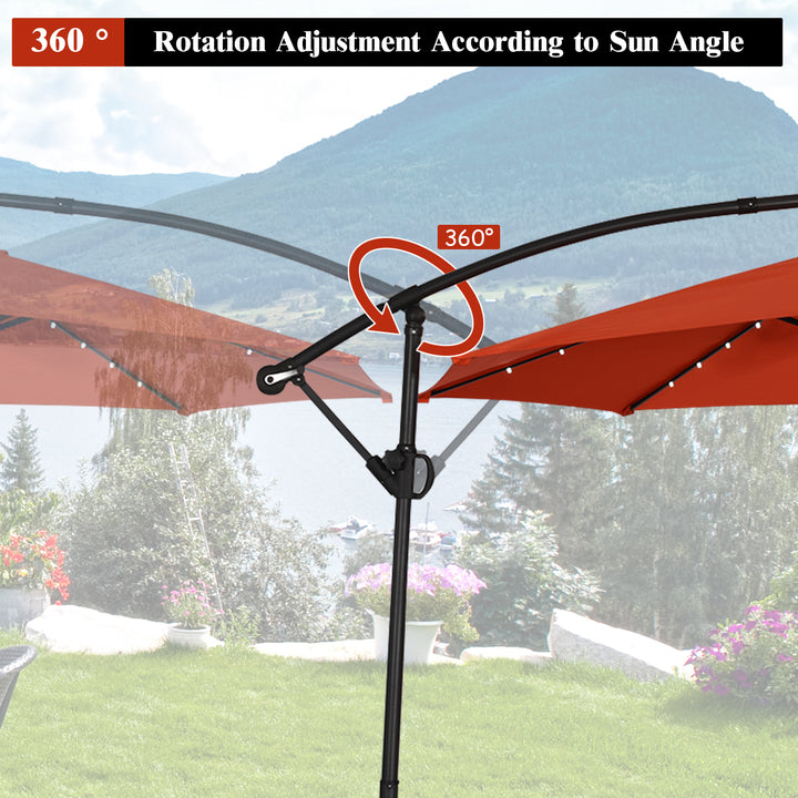 10FT Patio Offset Umbrella Solar LED 360degrees Rotation Orange Image 8