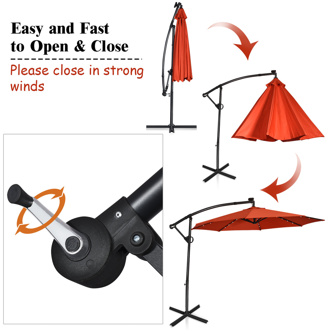 10FT Patio Offset Umbrella Solar LED 360degrees Rotation Orange Image 9