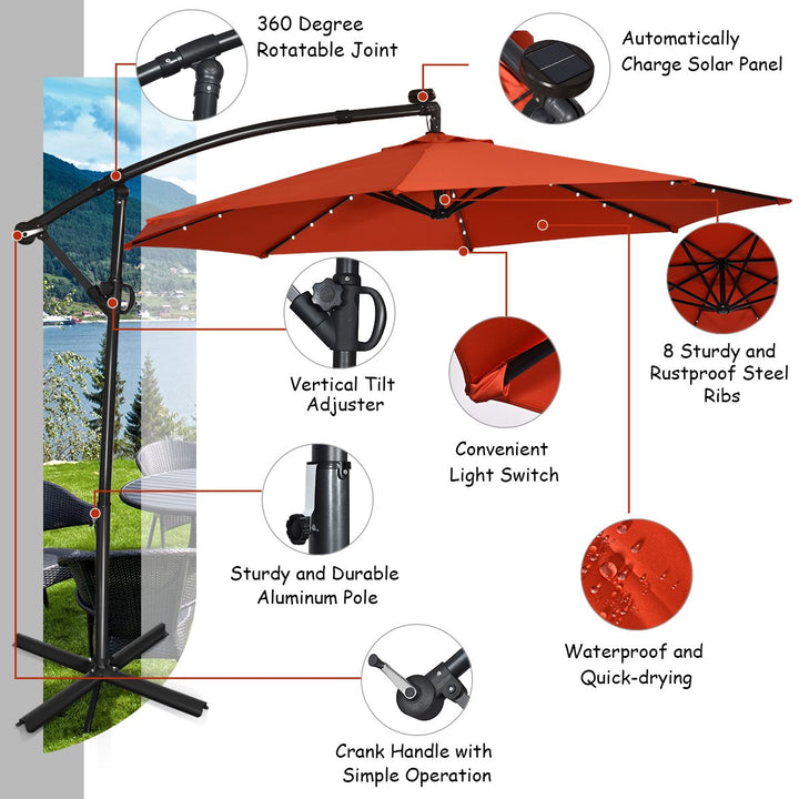 10FT Patio Offset Umbrella Solar LED 360degrees Rotation Orange Image 7