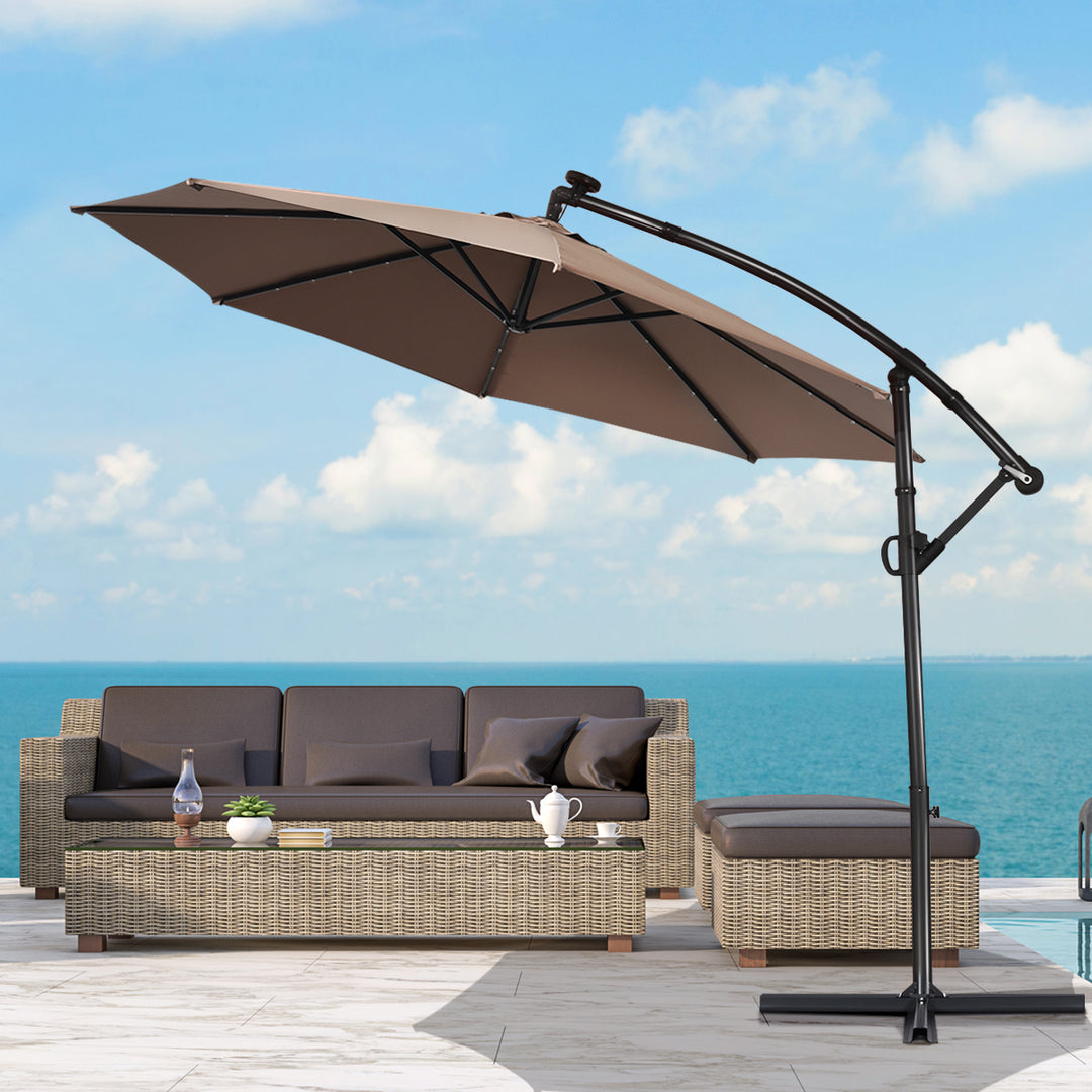 10FT Patio Offset Umbrella Solar LED 360degrees Rotation Brown Image 5