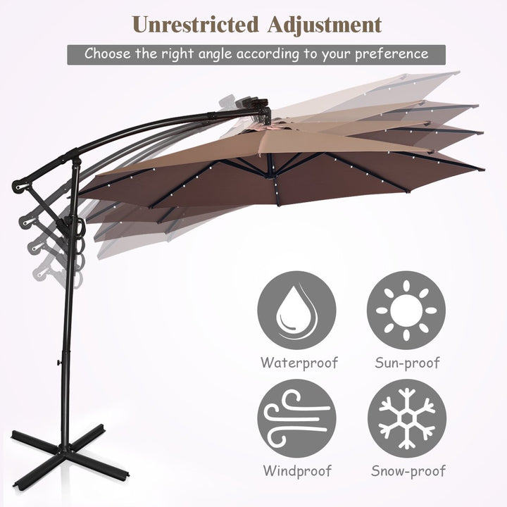 10FT Patio Offset Umbrella Solar LED 360degrees Rotation Brown Image 6