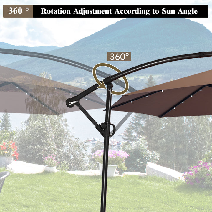 10FT Patio Offset Umbrella Solar LED 360degrees Rotation Brown Image 8