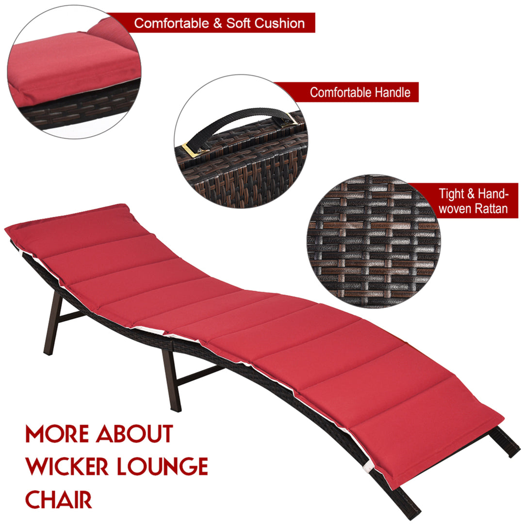 2PCS Patio Rattan Folding Lounge Chair Stackable Double Sided Cushion Outdoor Red Image 8