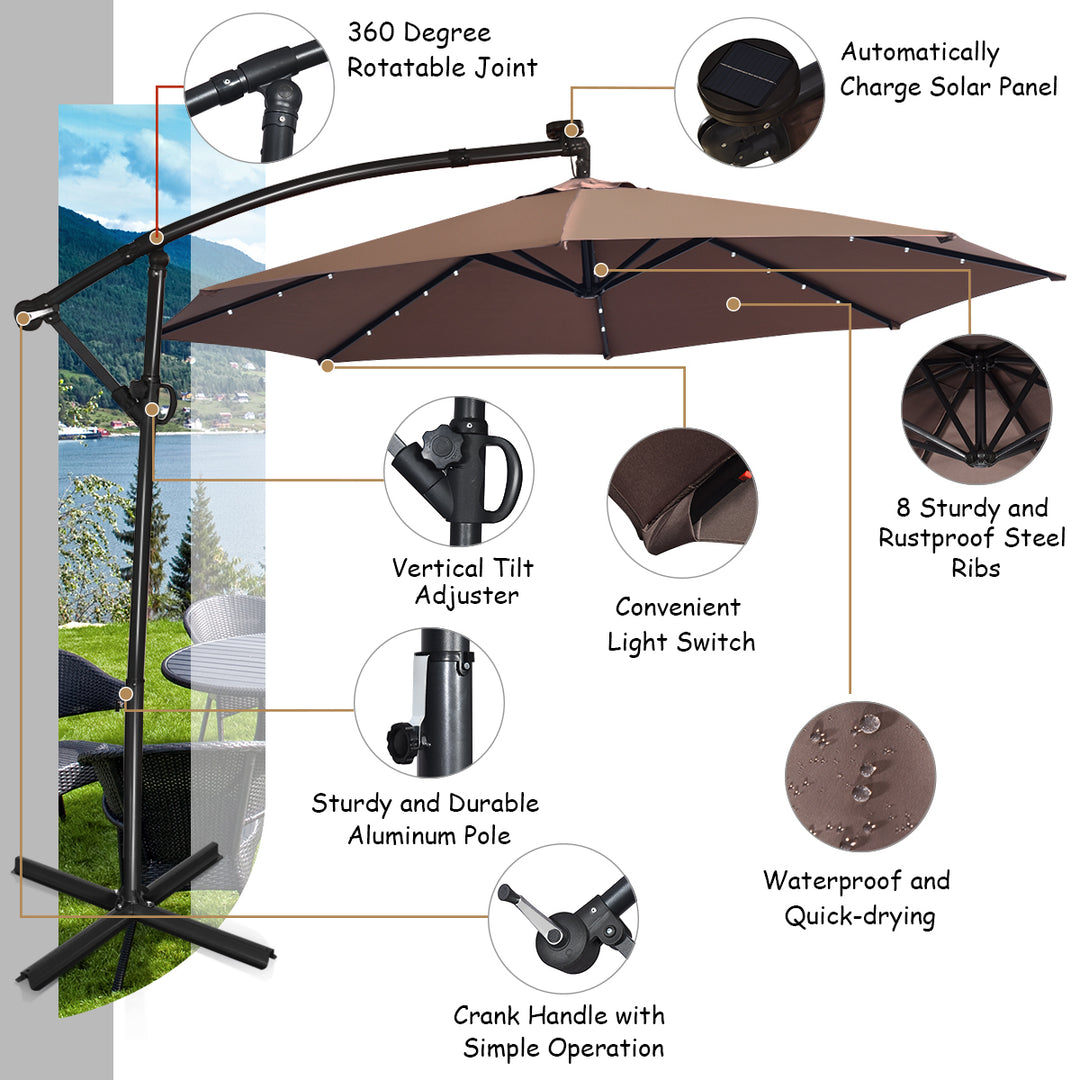 10FT Patio Offset Umbrella Solar LED 360degrees Rotation Brown Image 7