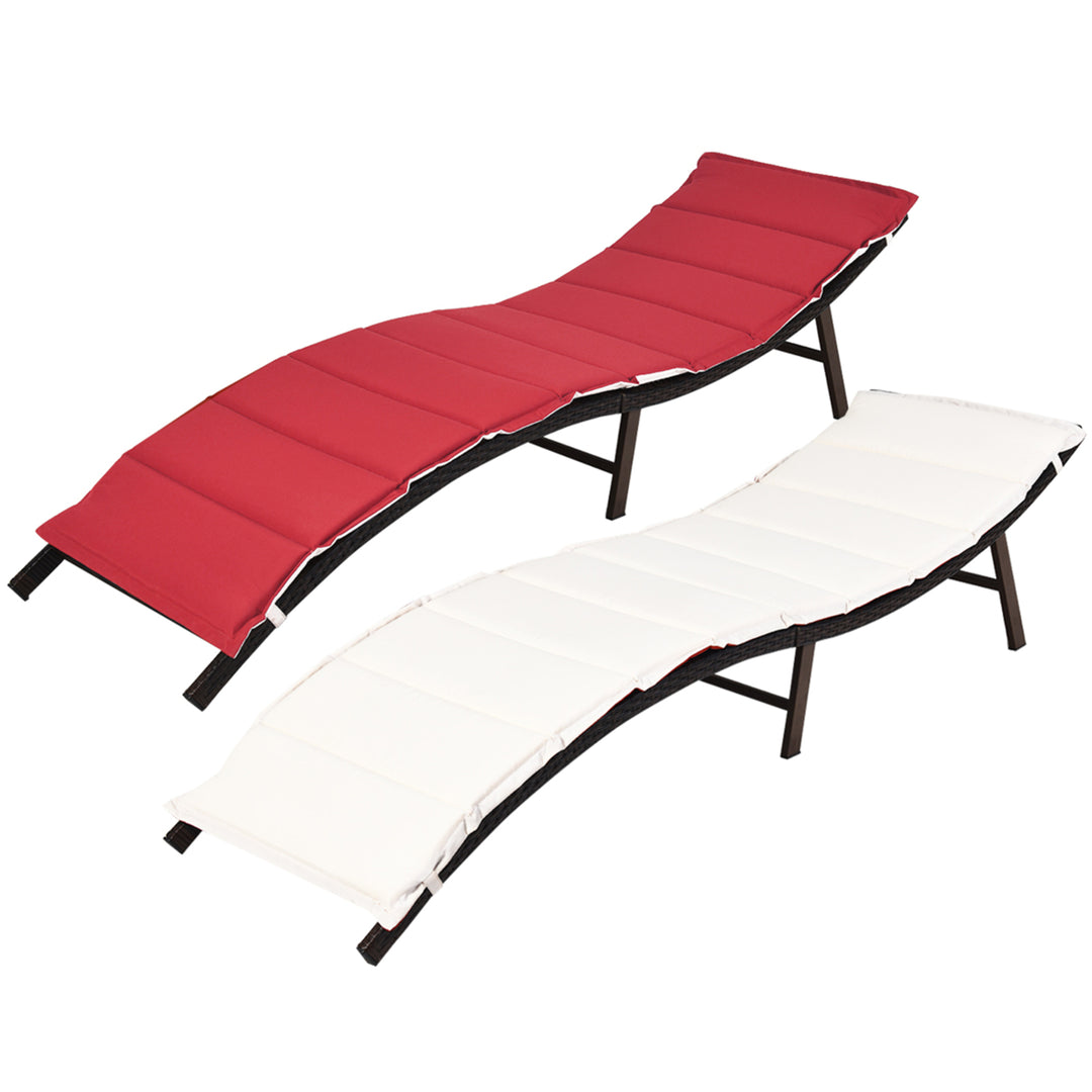 2PCS Patio Rattan Folding Lounge Chair Stackable Double Sided Cushion Outdoor Red Image 10