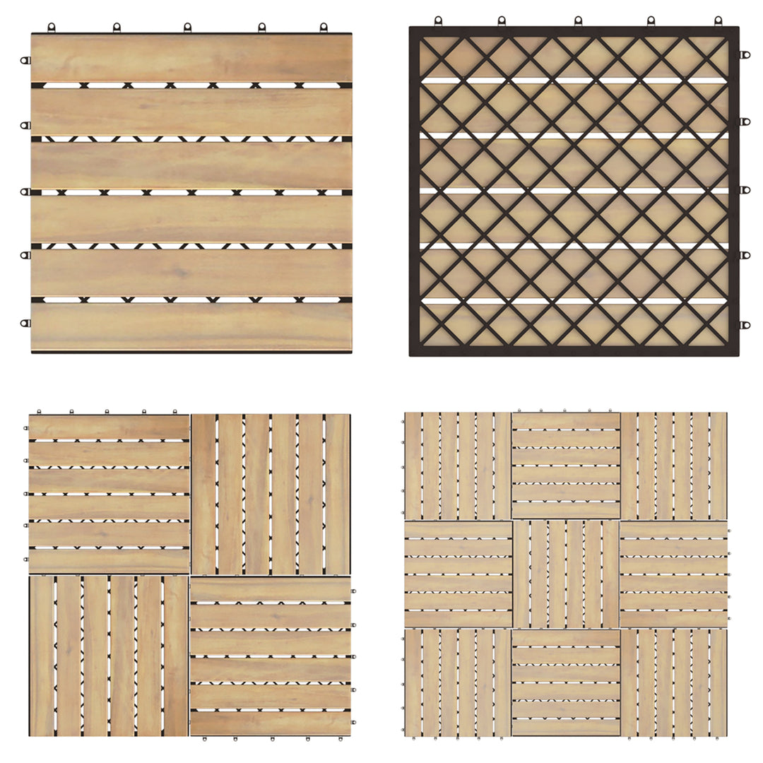 10PCS 12 x 12 Acacia Wood Deck Tiles Interlocking Patio Pavers Stripe Pattern Image 7