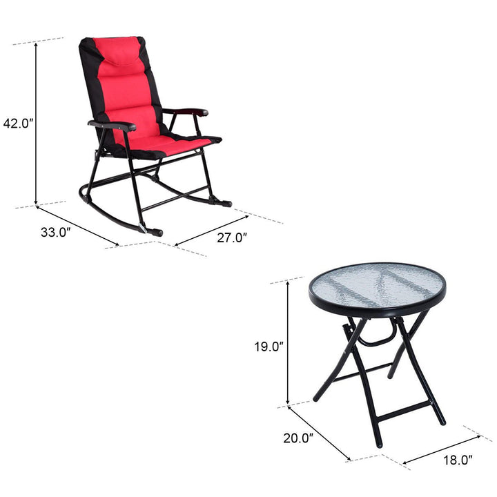 3 PCS Outdoor Folding Rocking Chair Table Set Bistro Sets Patio Furniture Red Image 7