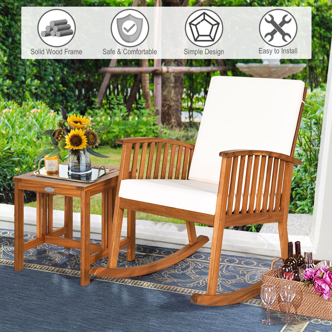 2PCS Acacia Wood Patio Rocking Chair Set Cushioned Coffee Table Image 6