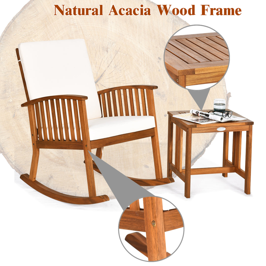 2PCS Acacia Wood Patio Rocking Chair Set Cushioned Coffee Table Image 7