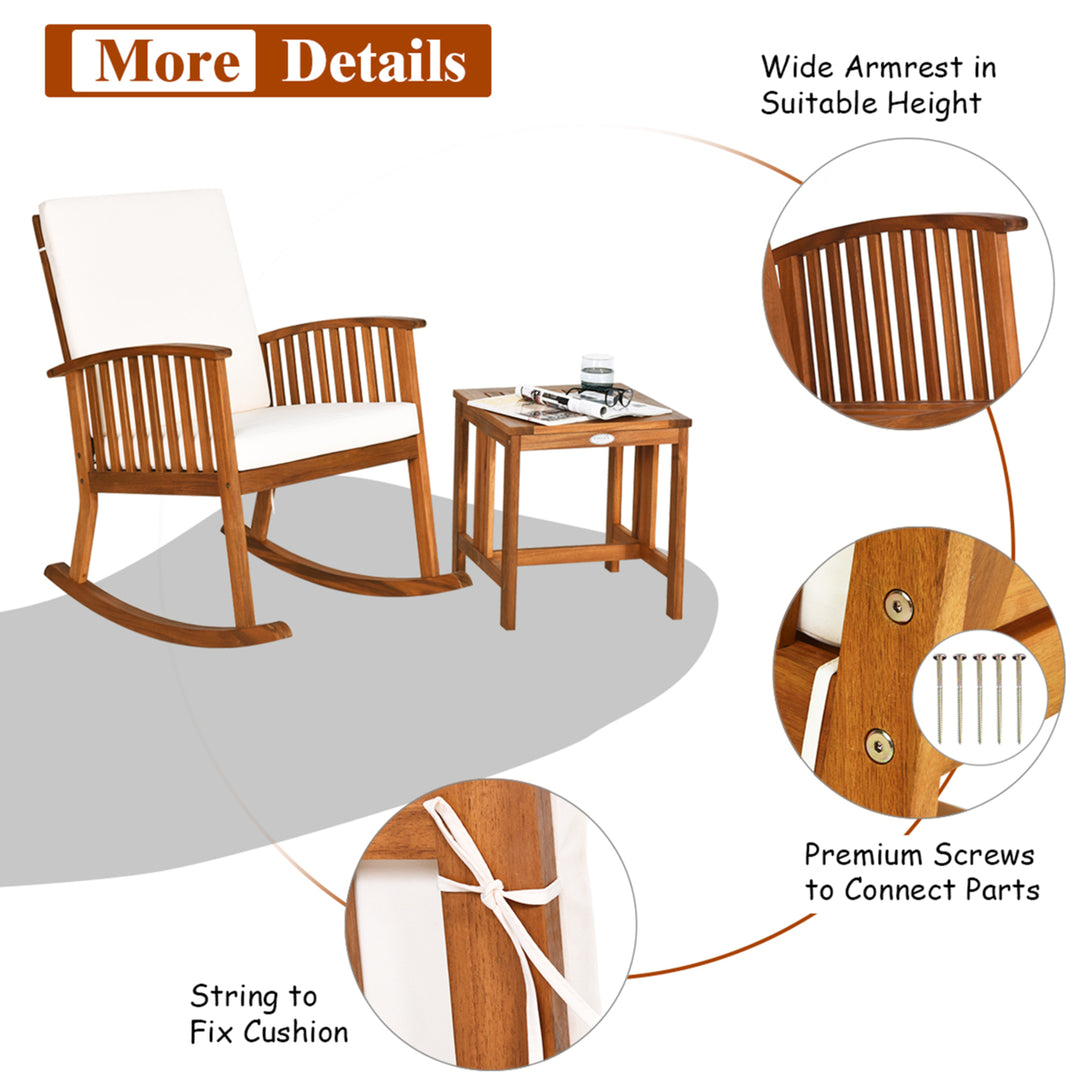 2PCS Acacia Wood Patio Rocking Chair Set Cushioned Coffee Table Image 9