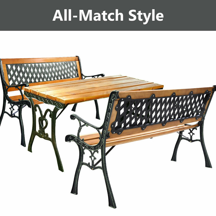 49 1/2 Patio Park Garden Bench Porch Path Chair Outdoor Deck Cast Iron Hardwood Image 7