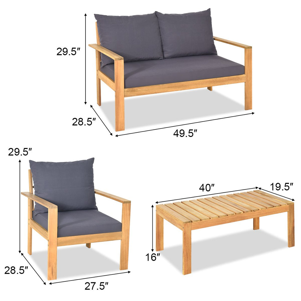 Costway 4PCS Patio Furniture Set Acacia Wood Thick Cushion Loveseat Sofa Garden Image 2