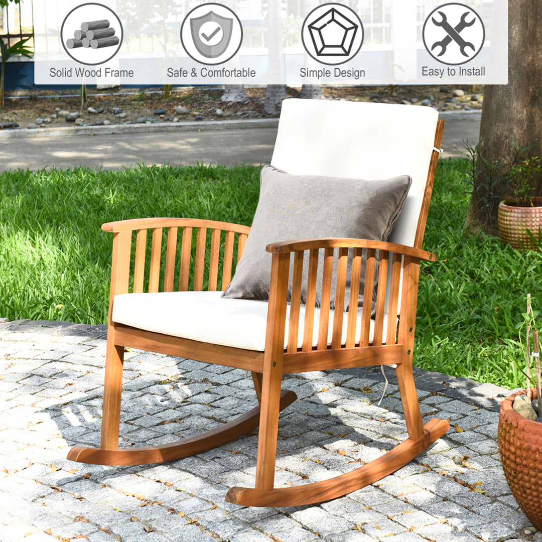 Acacia Wood Rocking Chair Patio Garden Lawn W/ Cushion Image 9