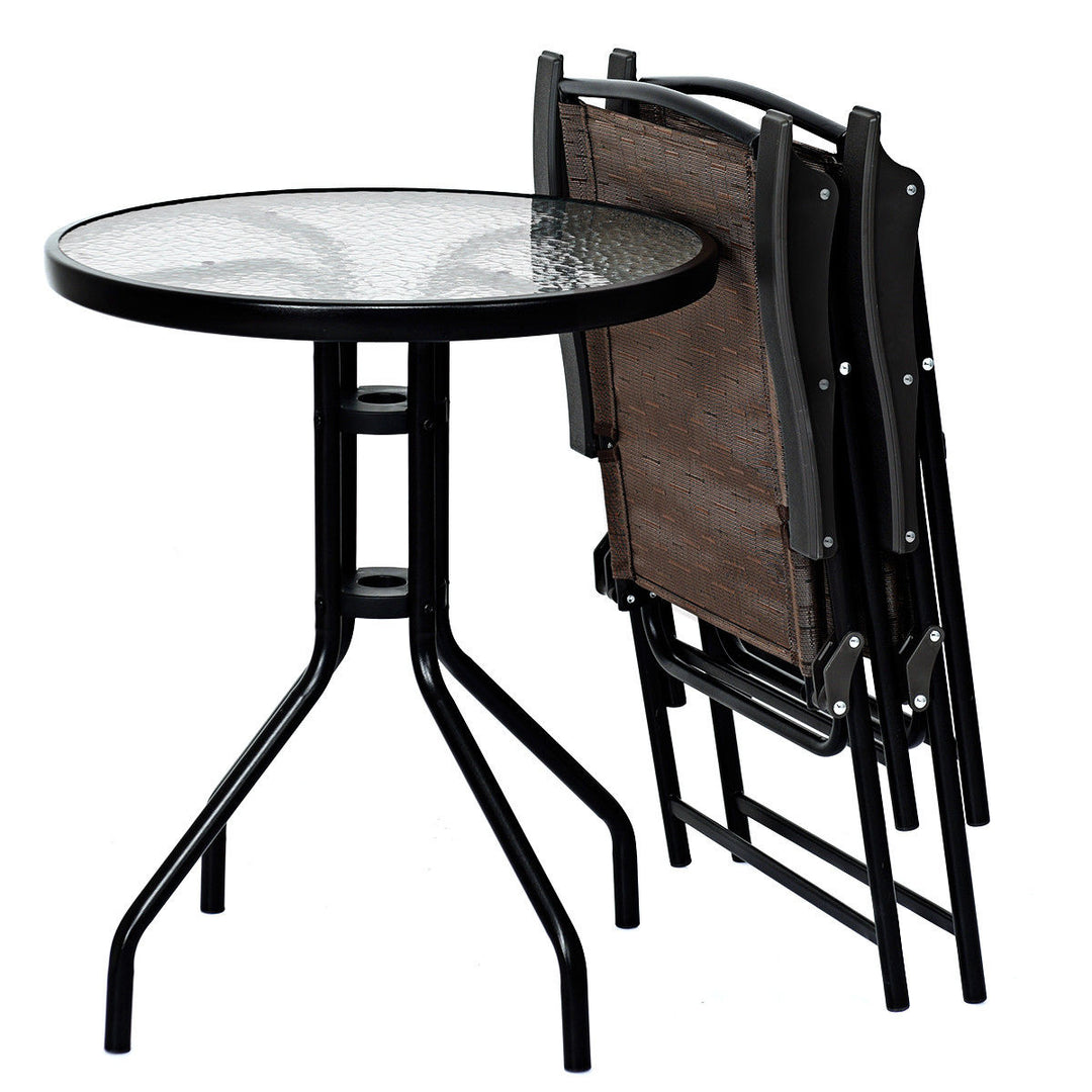 3PC Bistro Patio Garden Furniture Set 2 Folding Chairs Glass Table Top Steel Image 8