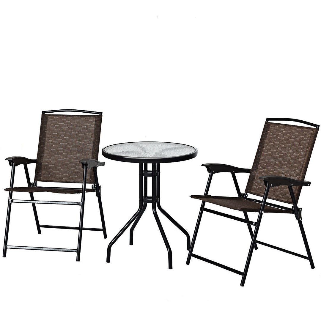 3PC Bistro Patio Garden Furniture Set 2 Folding Chairs Glass Table Top Steel Image 10