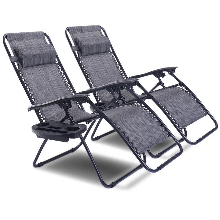 2PC Folding Zero Gravity Reclining Lounge Chairs Beach Patio W/Utility Tray Image 8