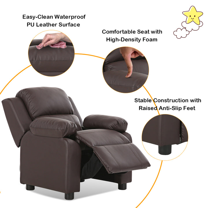 Deluxe Padded Kids Sofa Armchair Recliner Headrest Children w/ Storage Arm Brown Image 8