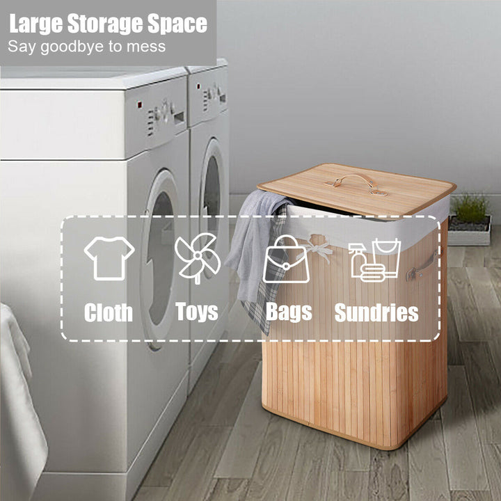 Rectangle Bamboo Hamper Laundry Basket Washing Cloth Bin Storage Bag Lid Natural Image 6