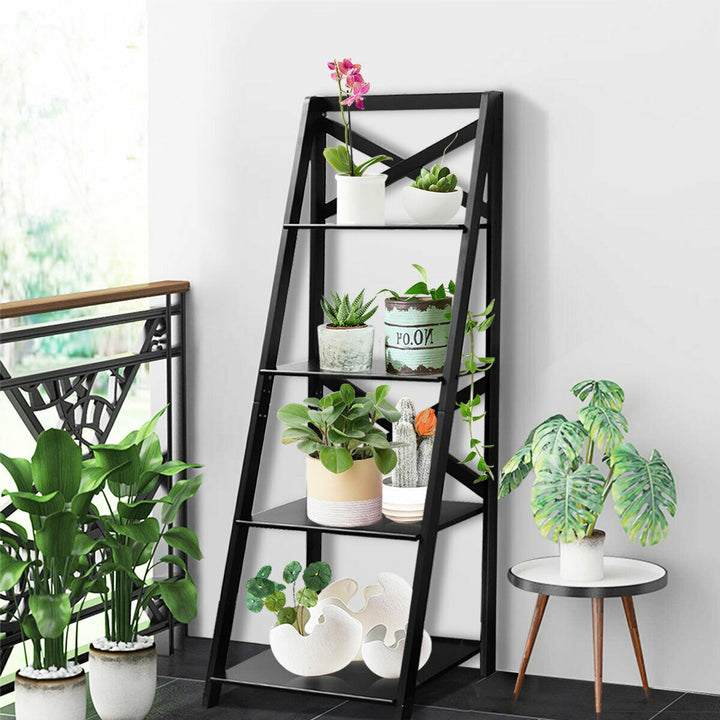 4-Tier Ladder Shelf Bookshelf Bookcase Storage Display Leaning Home Image 6