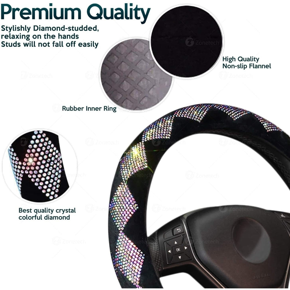 Zone Tech Dimaond Bling Velvet Steering Wheel Cover with PU Leather Backing Image 2
