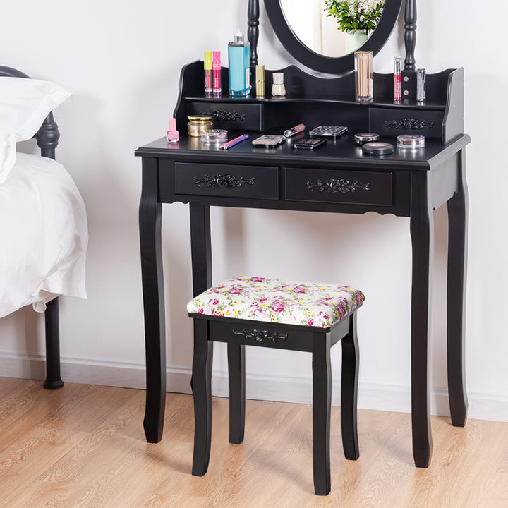 Vanity Wood Stool Padded Chair Makeup Piano Seat Black Image 2