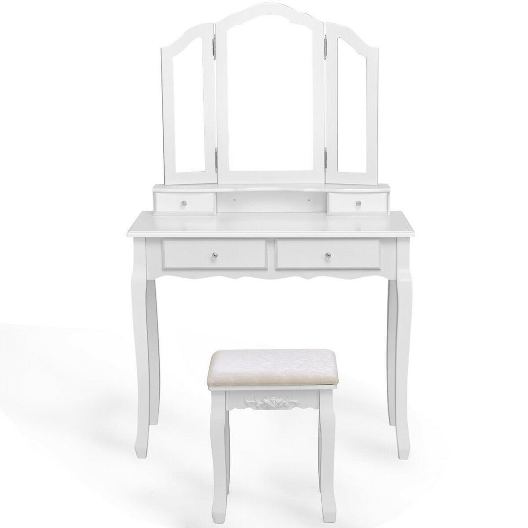 Costway Makeup Table Stool Set Tri Folding Mirror Vanity White Image 3