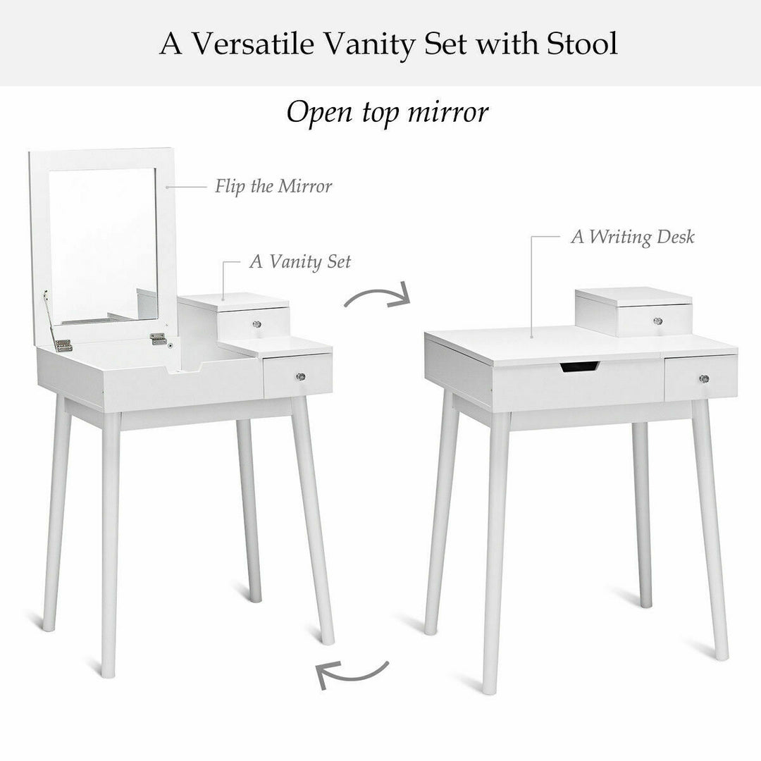 Vanity Dressing Table Flip Desk Furniture Stool 2 White Image 5