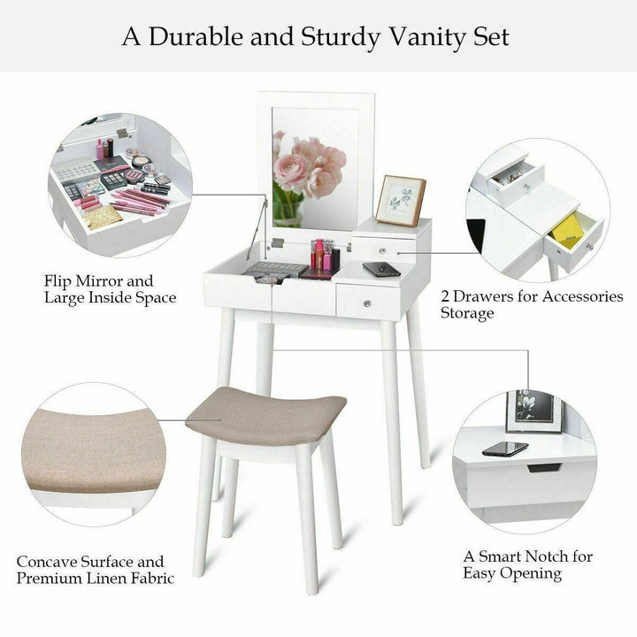 Vanity Dressing Table Flip Desk Furniture Stool 2 White Image 6