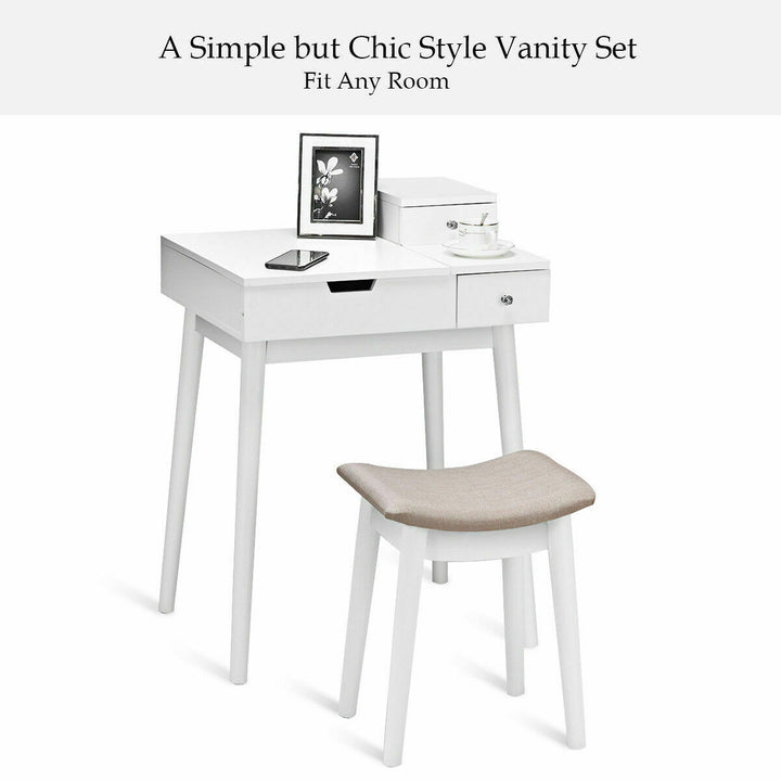 Vanity Dressing Table Flip Desk Furniture Stool 2 White Image 7