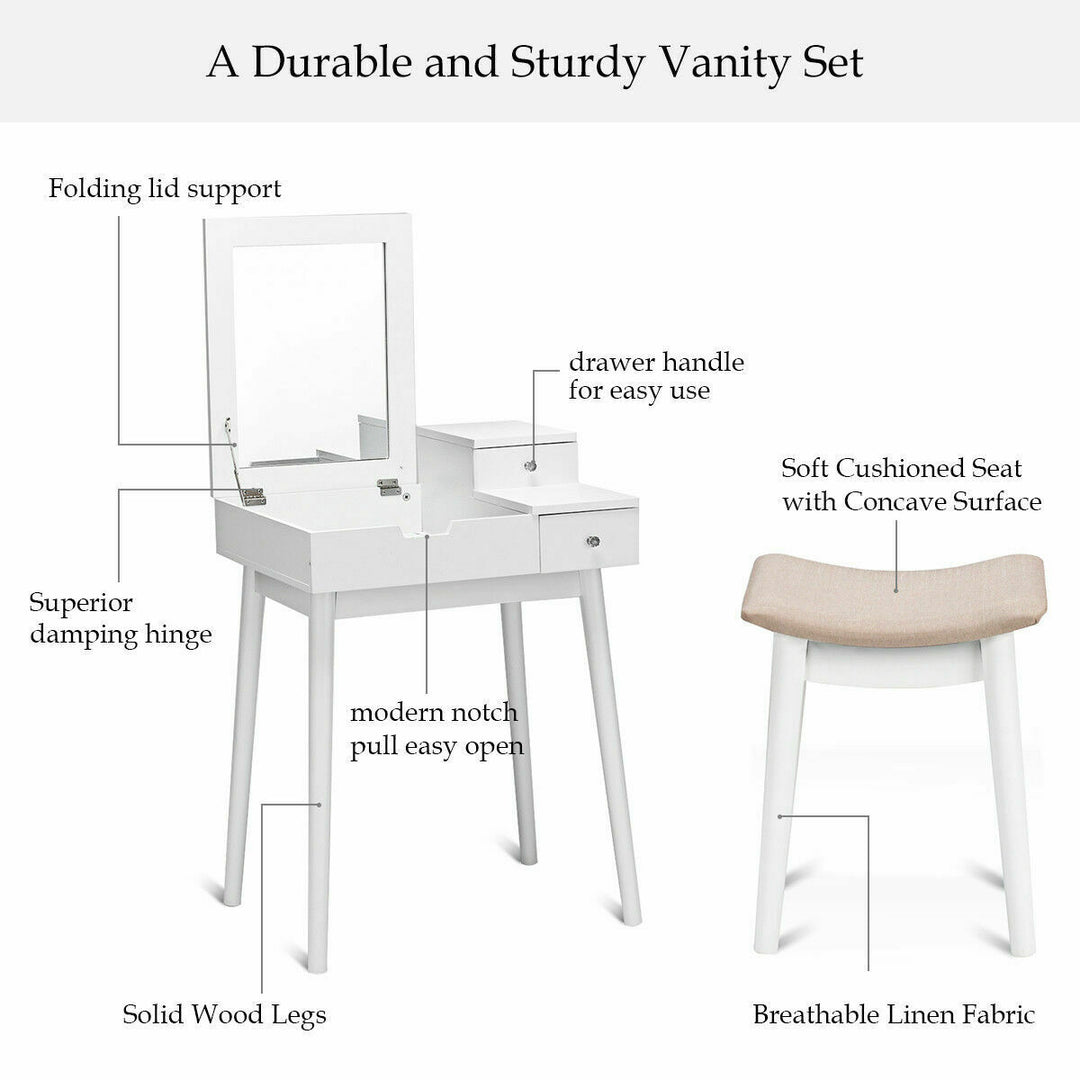 Vanity Dressing Table Flip Desk Furniture Stool 2 White Image 8