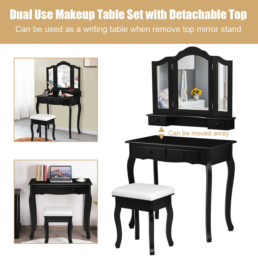 Vanity Makeup Dressing Table Set W/Stool 4 DrawerandMirror Jewelry Wood Desk Black Image 6