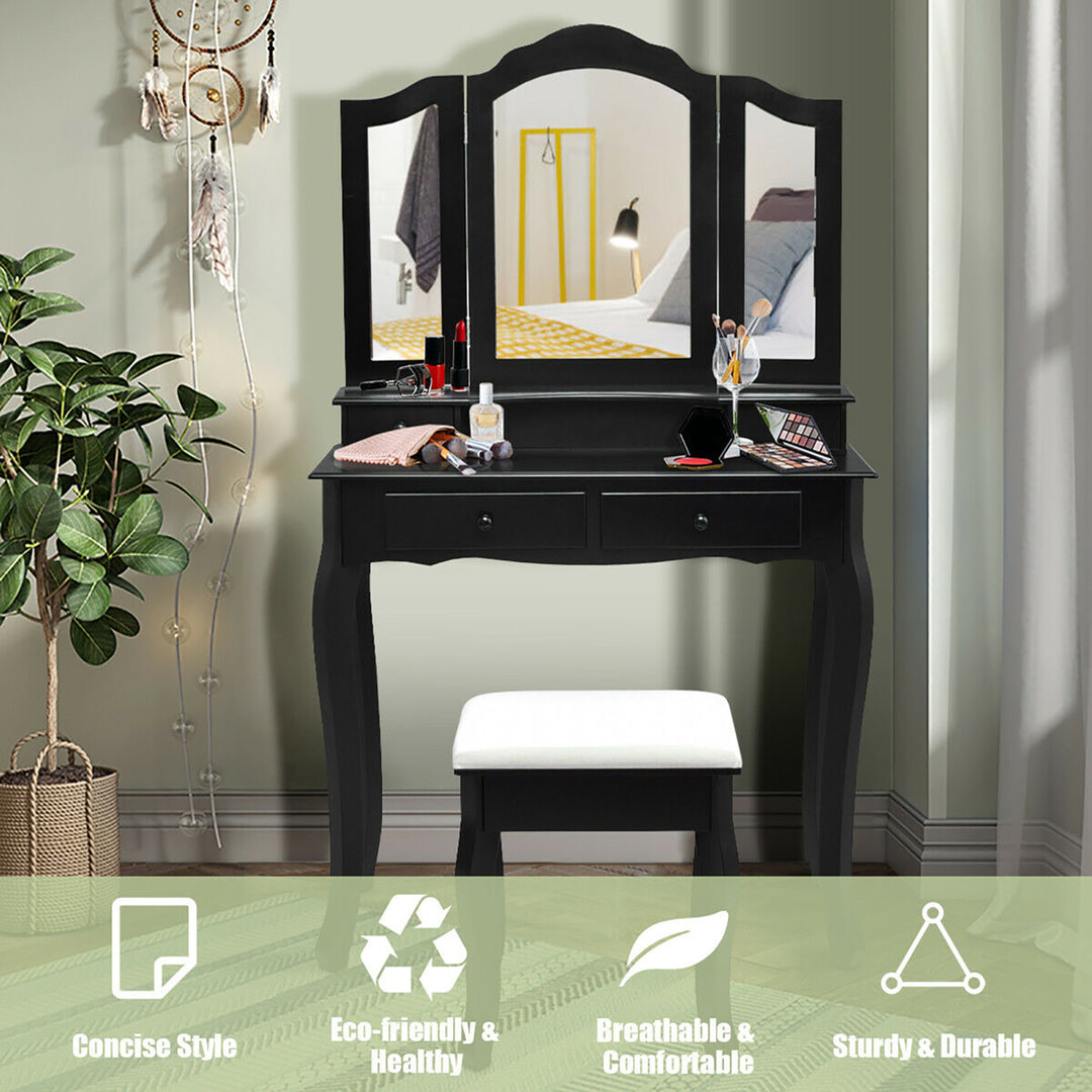 Vanity Makeup Dressing Table Set W/Stool 4 DrawerandMirror Jewelry Wood Desk Black Image 7