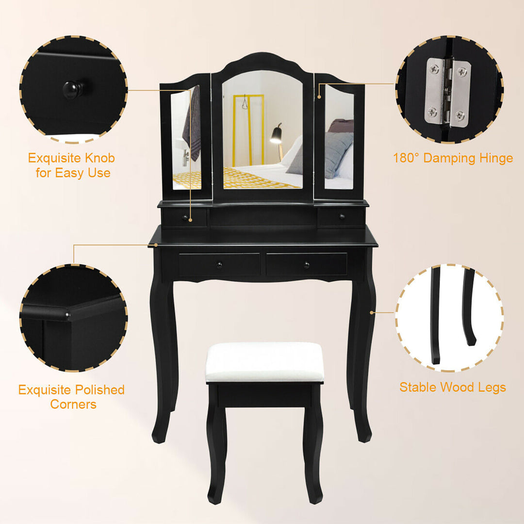 Vanity Makeup Dressing Table Set W/Stool 4 DrawerandMirror Jewelry Wood Desk Black Image 8