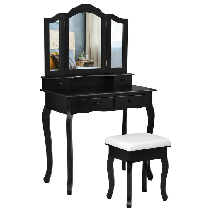 Vanity Makeup Dressing Table Set W/Stool 4 DrawerandMirror Jewelry Wood Desk Black Image 10