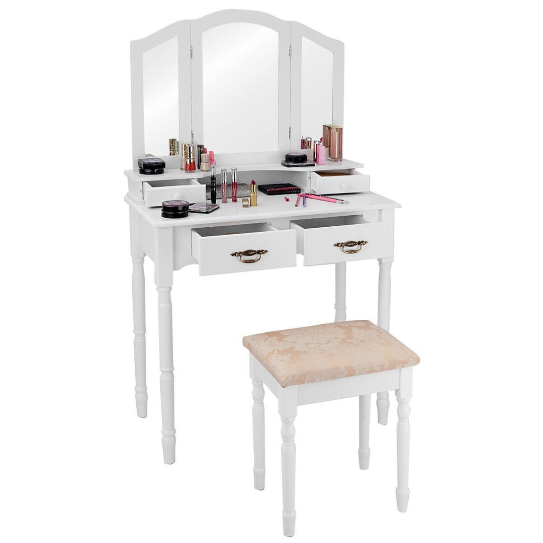 White Tri Folding Vanity Makeup Table Stool W/4 Drawers Image 9