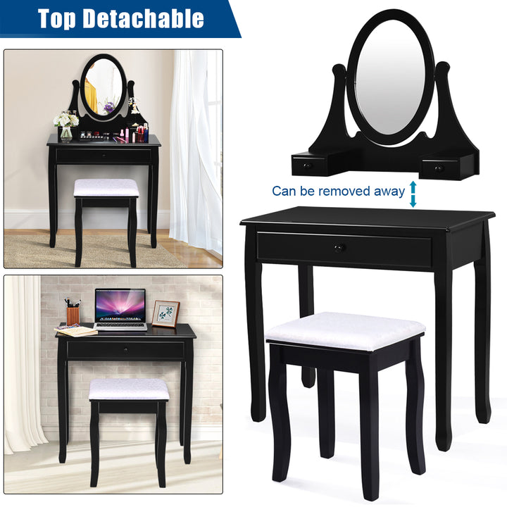 Wooden Vanity Makeup Dressing Table Stool Set bathroom Black Image 6