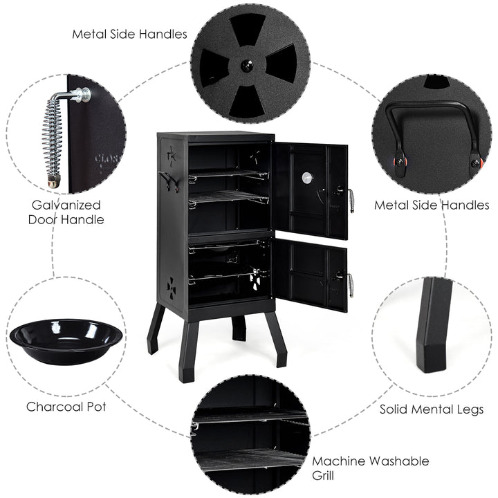 Vertical Charcoal Smoker BBQ Barbecue Grill w/ Temperature Gauge Outdoor Black Image 10