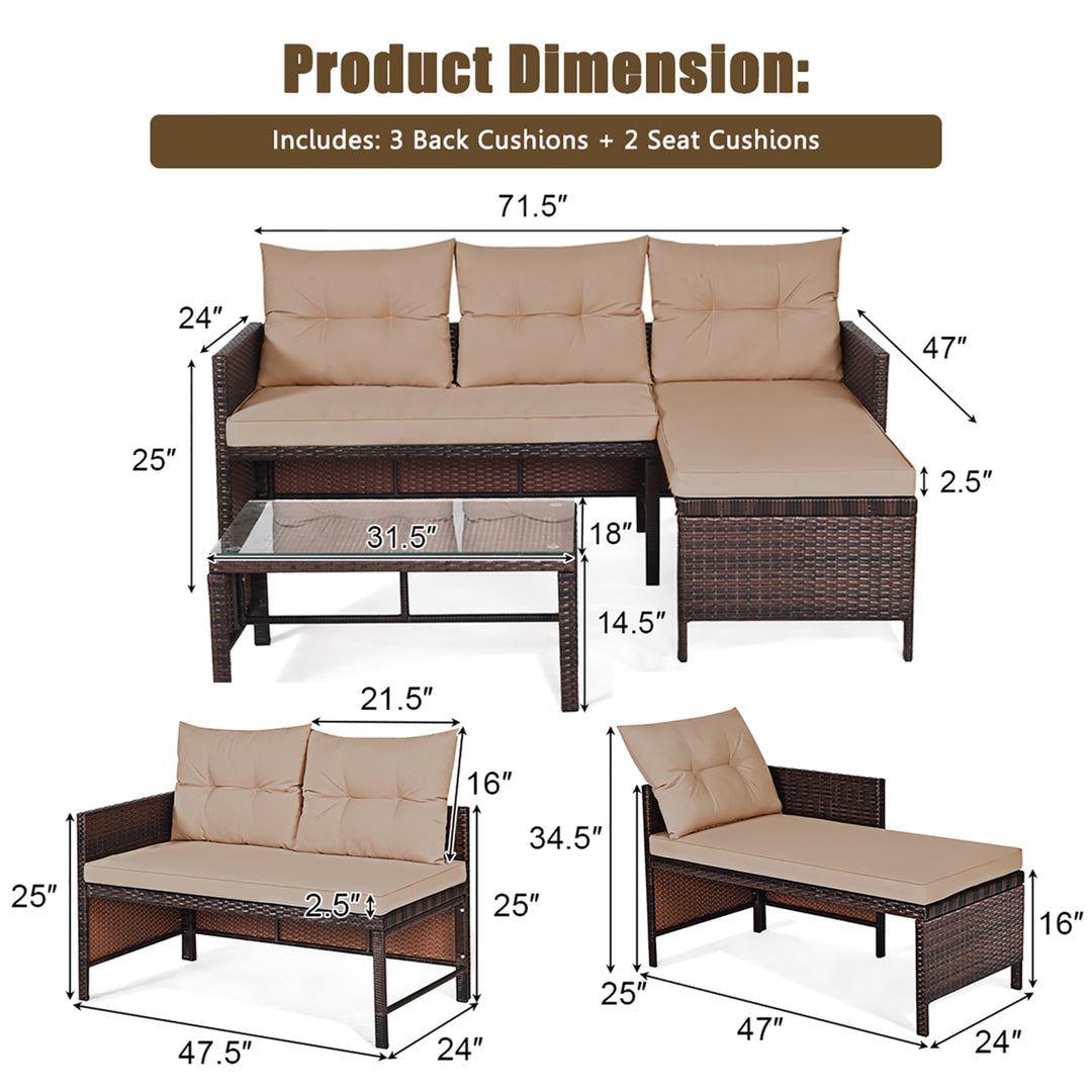 3PCS Patio Wicker Rattan Sofa Set Outdoor Sectional Conversation Set Garden Lawn Brown Image 6