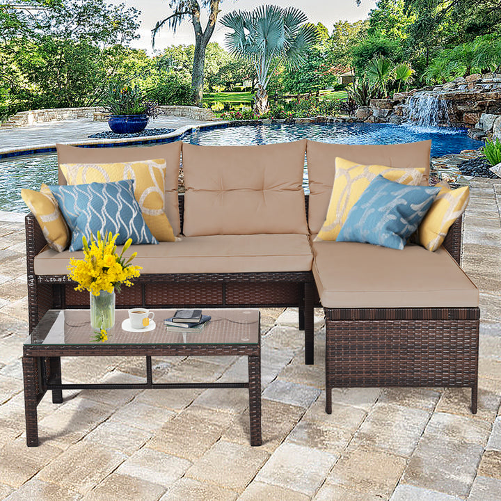 3PCS Patio Wicker Rattan Sofa Set Outdoor Sectional Conversation Set Garden Lawn Brown Image 1