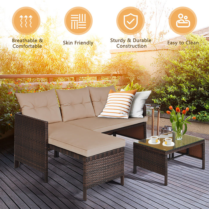 3PCS Patio Wicker Rattan Sofa Set Outdoor Sectional Conversation Set Garden Lawn Brown Image 8